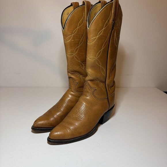 Vtg Tony Lama Leather Cowboy Boots Mens Sz 6 B Cognac Western 5055 Blk Label - Picture 1 of 10